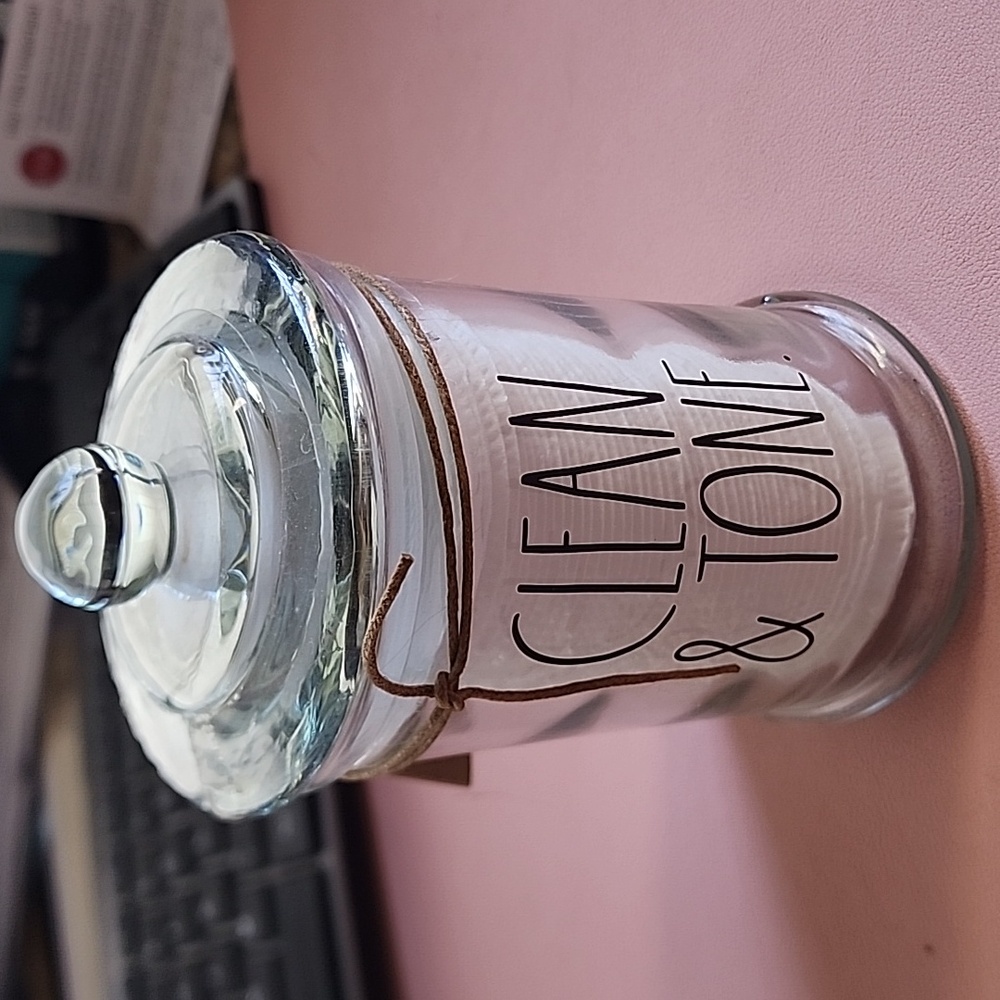 Rae Dunn Glass CLEAN & TONE jar